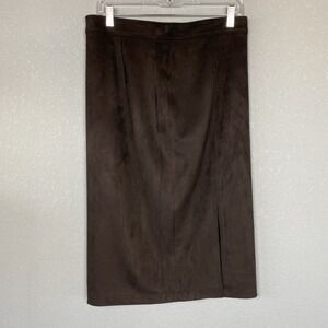 T Tahari Faux Suede Pencil Skirt Women's M Midi Black Zip Slit